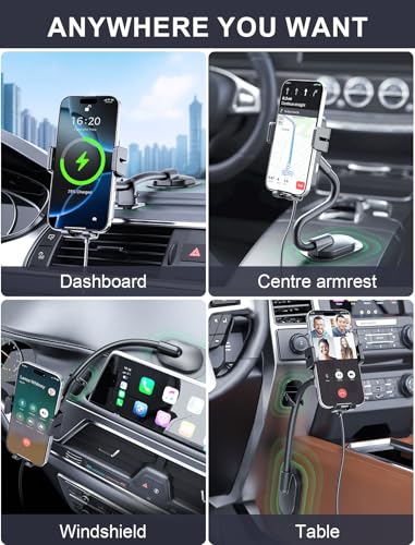 MOKPR Wireless Car Charger, Adjustable Gooseneck Car Mount Auto-Clamping Car Charger, Dashboard [with Anti Shake stabilizer] Phone Holder fit for iPhone 17 16 15 14 13 12, Samsung S24 S23 S22, etc - style: Dashboard
