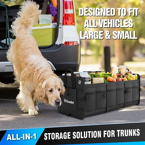 K KNODEL Car Trunk Organizer, Foldable Cover, Heavy Duty Collapsible Truck Storage Organizer, Car Cargo Trunk Organizer with Lid, 3 Compartments, with Straps (Black)