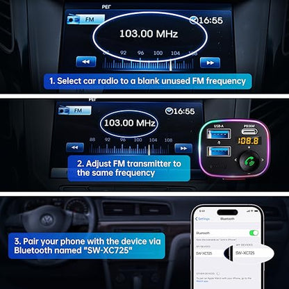 Syncwire Bluetooth 5.4 FM Transmitter Car Adapter 48W (PD 36W & 12W) [Light Switch] [HiFi Bass Sound] [Fast Charging] Wireless Radio Music Adapter LED Display Hands-Free Calling Support USB Drive - color: Black, style: 48W