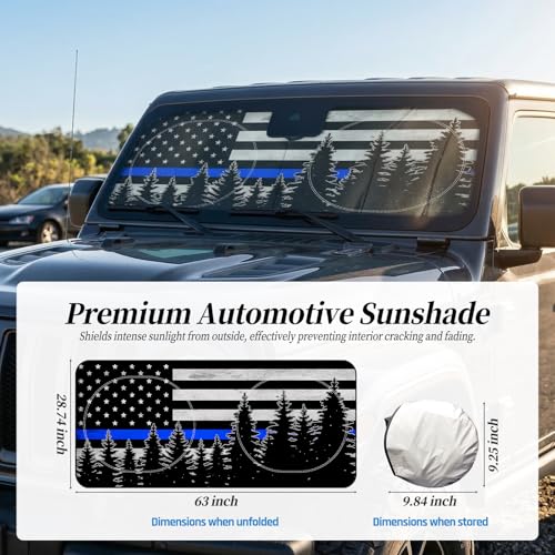 63"x28.5" Car Windshield Sun Shade with Storage Pouch, Stylish Printed Front Window Sunshade with Double Ring Frame, Universal Fit Foldable Heat Blocker & UV Protector for SUV, Sedan (Blue Line Flag) - color: Blue Line Flag