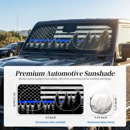63"x28.5" Car Windshield Sun Shade with Storage Pouch, Stylish Printed Front Window Sunshade with Double Ring Frame, Universal Fit Foldable Heat Blocker & UV Protector for SUV, Sedan (Blue Line Flag) - color: Blue Line Flag