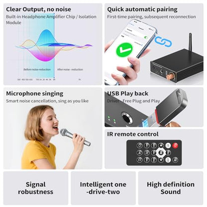 M6R Bluetooth 6.0 Receiver Audio Receivers Support Microphone Singing U Disk Playback Infrared Remote Control Dual Output,for Old Stereo/Speakers/Wired Speakers/Home Audio Music Streaming Etc - color: M6R