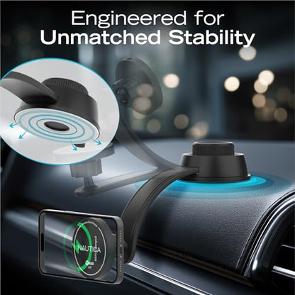Nautica Turan QMAG Lite Wireless Magnetic Car Charger 15W, Universal Fast Charging Phone Mount, Dashboard & Vent Mount, 360° Rotation for iPhone 17, Galaxy S25, Pixel 10 & More Travel Accessories