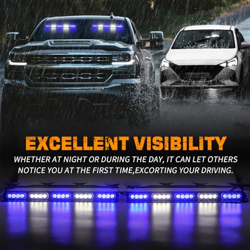XRIDONSEN 2x 17 inch Blue White Emergency Dash Strobe Lights Bar 40 LED Interior Front/Rear Windshield Lights Safety Flashing Warning Hazard w/Suction Cups for Police Firefighter Vehicles Trucks Car - color: Blue/White