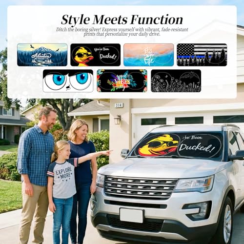 63"x28.5" Car Windshield Sun Shade with Storage Pouch, Stylish Printed Front Window Sunshade with Double Ring Frame, Universal Fit Foldable Heat Blocker & UV Protector for SUV, Sedan (Duck) - color: Duck