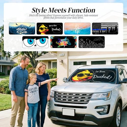 63"x28.5" Car Windshield Sun Shade with Storage Pouch, Stylish Printed Front Window Sunshade with Double Ring Frame, Universal Fit Foldable Heat Blocker & UV Protector for SUV, Sedan (Duck) - color: Duck