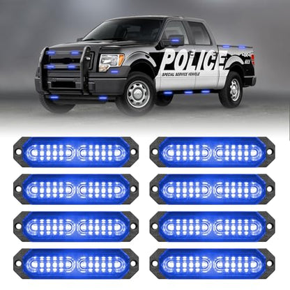 HLauto 1200T Emergency Strobe Grille Lights: 8pcs 12 LED Sync Feature Safety Warning Flashing Light, Ultra Slim Surface Mount Hazard Caution Lights for Trucks, Vehicles, Car, ATV, UTV (Blue) - color: Blue