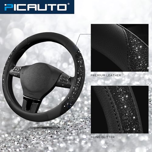 PIC AUTO Steering Wheel Cover, Black Sparkly Crystal Bling Glitter with Leather, Universal Fit 14.5"-15.5" Car Steering Wheels for Girls & Women, Anti-Slip Wheels Cover for Cars, Trucks, Van, SUVs - color: Black Glitter