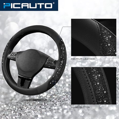 PIC AUTO Steering Wheel Cover, Black Sparkly Crystal Bling Glitter with Leather, Universal Fit 14.5"-15.5" Car Steering Wheels for Girls & Women, Anti-Slip Wheels Cover for Cars, Trucks, Van, SUVs - color: Black Glitter