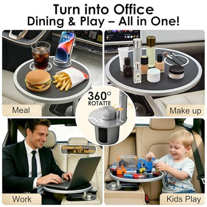 Car Food Tray & Car Table Tray with Car-Grade Aluminum Cup Holder & Phone Stand,360° Rotating Car Desk for Laptop & Eating, Compatible with Tesla Model Y/3/S, Best Fit Round Cup Holder (2.28" - 3.66") - color: 𝗥𝗼𝘂𝗻𝗱 · Black