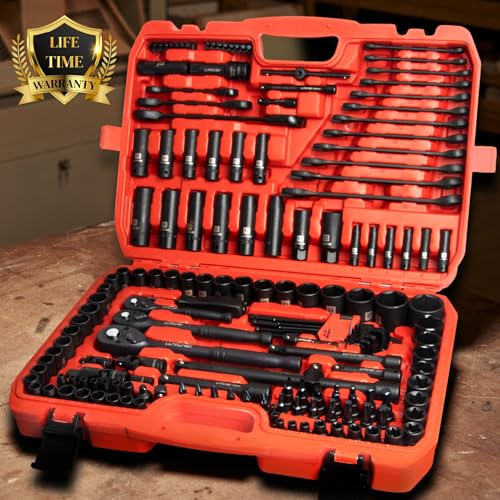 LLNDEI 160-Piece Mechanics Tool Set, Metric Socket Set 1/2 1/4 3/8 inch Drive Professional Tool Kit, CR-V Deep & Shallow Kit with Quick Release Ratchet - size: 160-Piece 1/2" & 3/8" & 1/4" Drive Socket Set