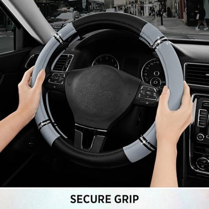 Road Comfort Leather Steering Wheel Cover – Premium Anti-Slip Car Steering Wheel Grip Cover – Universal Fit for 14.5”–15” Cars, Trucks & SUVs - Gray - color: Gray