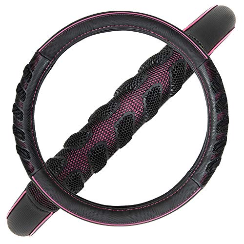 Flying Banner car Steering Wheel Cover Faux Leather Massage Universal fit 3D Honeycomb Hole Anti-Slip Sporty 15 Inches (Pink Black) - color: Pink black