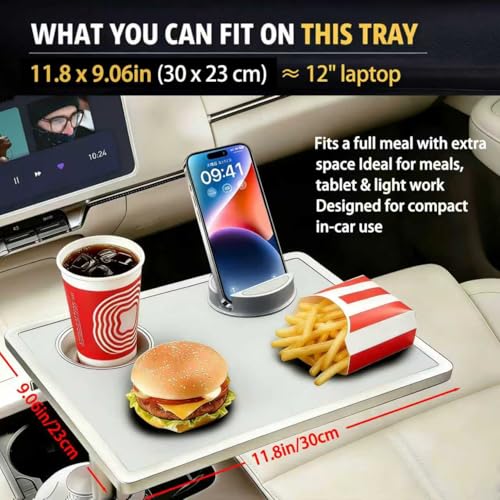 Car Food Tray & Car Table Tray with Car-Grade Aluminum Cup Holder & Phone Stand,360° Rotating Car Desk for Laptop & Eating, Compatible with Tesla Model Y/3/S, Best Fit Round Cup Holder (2.28" - 3.66") - color: 𝗦𝗾𝘂𝗮𝗿𝗲 · White