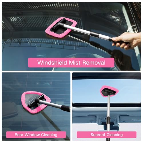 Qydipclin 10pcs Windshield Cleaning Tool Inside Car Window Cleaner Wash Kit with 4 Reusable Microfiber Pads 1 Spray Bottle and Extendable Handle Interior Auto Glass Wiper Kit, Pink - color: Pink
