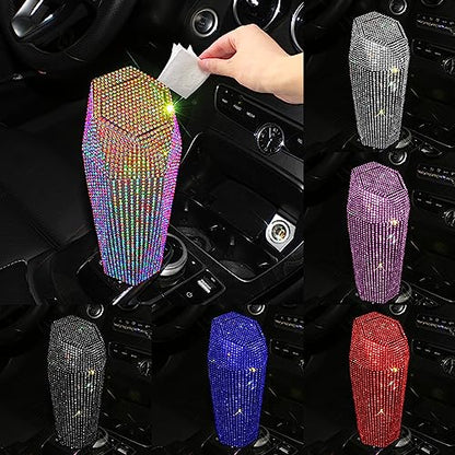 Rhinestone Car Trash Can with Lid, Sparkly Garbage Can, Diamond Design Small Automatic Portable Trash Can for Automotive, Home, Office, Kitchen, Bedroom.