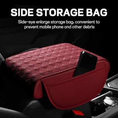 Car Armrest Cushion, 12.2"×8.3" Leather Auto Memory Foam Center Console Pad with Storage Pocket, Waterproof & Anti-Scratch Elbow Pillow Armrest Seat Box Protector, Universal Fit (Red) - color: Red
