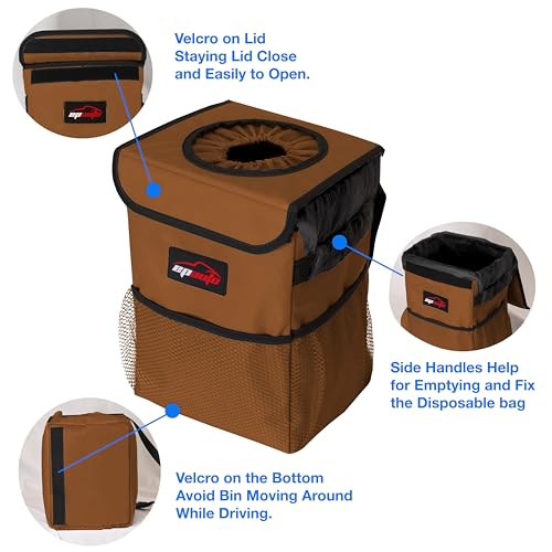 EPAuto Waterproof Car Trash Can with Lid and Storage Pockets, 2.5 Gallon Leakproof, Brown - color: Brown