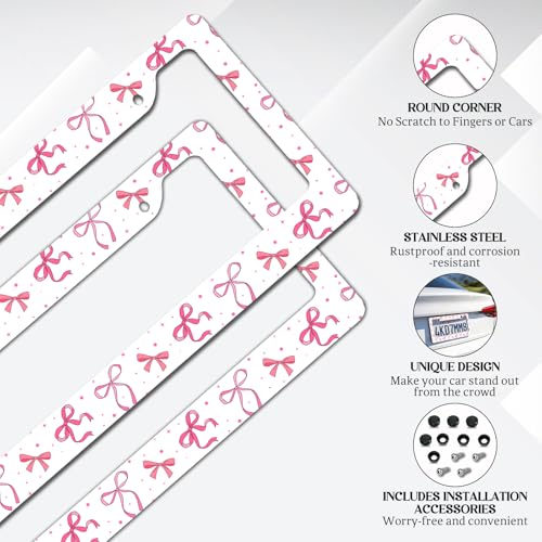 2 Pack License Plate Frames, Pink Bowknot License Plate Cover, Universal US Stainless Steel License Plate Holder with Screws for Women Men - color: Pink Bowknot