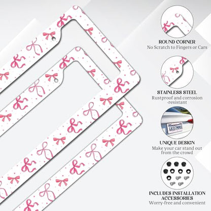 2 Pack License Plate Frames, Pink Bowknot License Plate Cover, Universal US Stainless Steel License Plate Holder with Screws for Women Men - color: Pink Bowknot