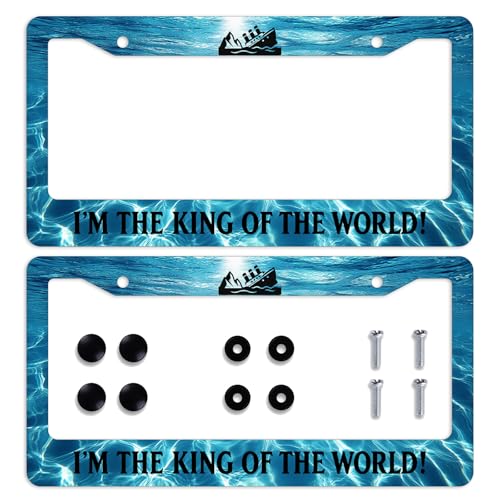 King of The World Car Front License Plate Frame Movie Text Personalise Auto Parts Funny License Plate Frames Decoration with Screws Size for Men Women 12.2"x6.2" - color: King of The World