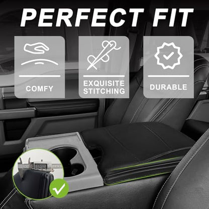 Muslogy Center Console Armrest Cover Fit for Ford F-150 F150 2015-2026 & F250 F350 F450 2017-2026 Accessories, Comfort Armrest Pad Console Lid Cushion Vegan Leather 1-Inch Extra Thick(Jump Seat ONLY) - size: 2) 15-25 |F150| Jump Seat, +Thick