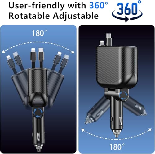OHLPRO Retractable Car Charger Cigarette Lighter Adapter, 168W 5 in 1 Fast Phone Charging Built-in Replaceable Fuse, Socket Splitter with USB C and USB i Cord, Fit for Phone iPad Galaxy GPS, Black - size: USB-C+USB-i