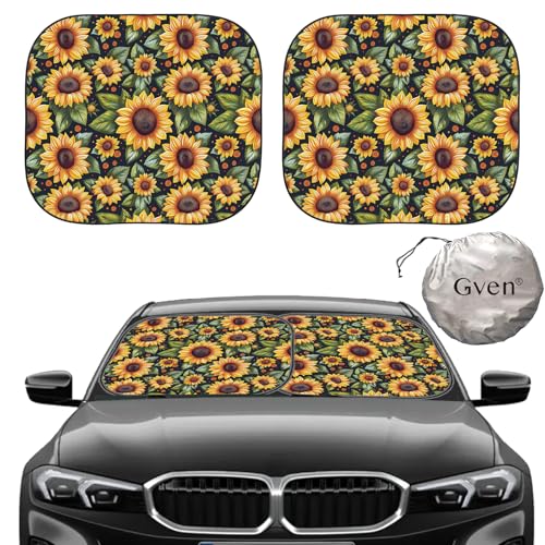 Gven Windshield Sun Shade 2pcs with Bonus Car Sunshade for Front Window Shades 2025 Technology Reflect UV and Heat Sun Visor Automotive Interior Sun Protection (Sunflower, M) - color: Sunflower, size: Medium