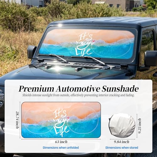 63"x28.5" Car Windshield Sun Shade with Storage Pouch, Stylish Printed Front Window Sunshade with Double Ring Frame, Universal Fit Foldable Heat Blocker & UV Protector for SUV, Sedan (Beach) - color: Beach
