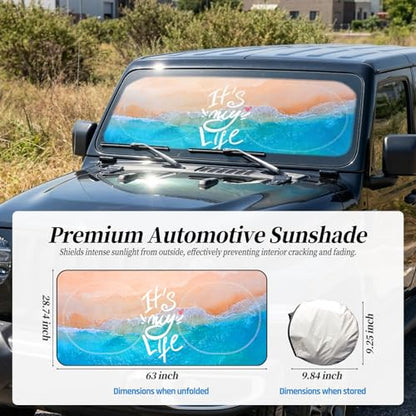 63"x28.5" Car Windshield Sun Shade with Storage Pouch, Stylish Printed Front Window Sunshade with Double Ring Frame, Universal Fit Foldable Heat Blocker & UV Protector for SUV, Sedan (Beach) - color: Beach