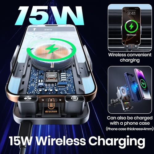 Car Phone Holder with 15W Wireless Car Charger, Car Vent Mount with Induction Opening and Closing, Air Vent Phone Stand with Horizontal and Vertical Screen Rotation Adjustment for iPhone - Blcak - color: Black