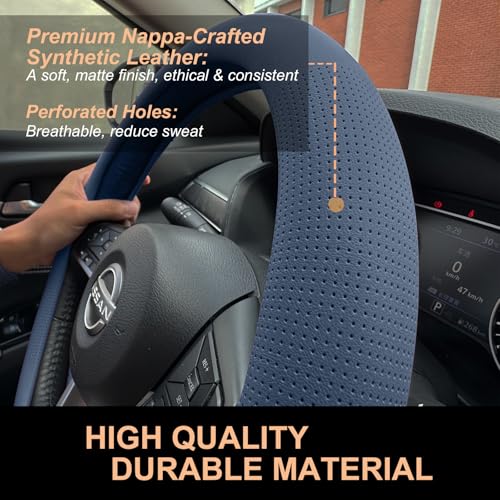 PINCTROT D Shaped Nappa Leather Steering Wheel Cover, Slim Fit No Bulk Design, One Piece Leather with Breathable Perforation, Fit Like Gloves, Flat Bottom 14.5-15 Inch(Nappa Smoky Blue) - color: 03.Smoky Blue, size: D Shaped/Flat Bottom[14 1/2''-15'']