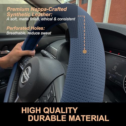 PINCTROT D Shaped Nappa Leather Steering Wheel Cover, Slim Fit No Bulk Design, One Piece Leather with Breathable Perforation, Fit Like Gloves, Flat Bottom 14.5-15 Inch(Nappa Smoky Blue) - color: 03.Smoky Blue, size: D Shaped/Flat Bottom[14 1/2''-15'']