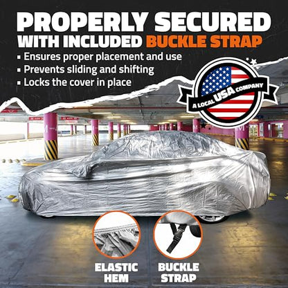 Mockins 200"x75"x60" Large Car Cover for Sedan | 190T Polyester Soft Outdoor & Indoor Car Covers for Automobiles with Buckle Strap| Full Exterior Covers for Snow, Frost, UV, Dust & Light Rain Defense - size: Sedan - Large - 200" X 75" X 60"