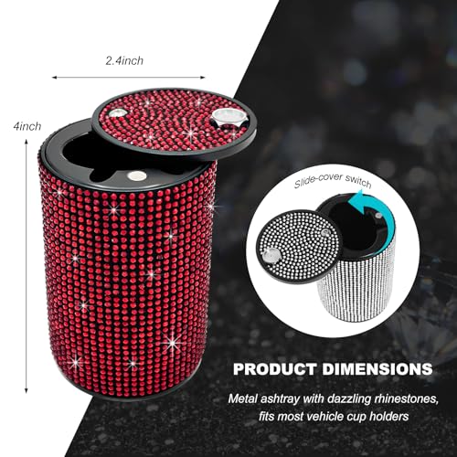 Bling Car Ashtray with Lid, Rhinestones Fireproof Auto Cup Holder Cigarette Ash Tray, Smokeless Crystal Diamond Ashtray Mini Trash Can for Women Girls, Car Accessories (Red) - color: Red