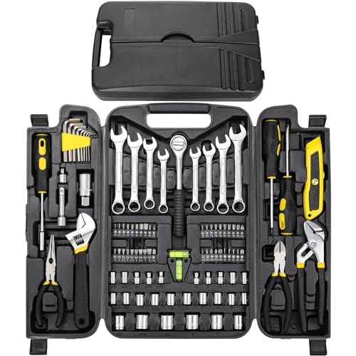 TLGREEN 95 Piece Tool Set, Tool Kit, Mechanics Tool Set, Portable Toolbox with Adjustable Wrench Pliers Socket Bits, with Plastic Toolbox Storage Case, for House Apartment Garage (Yellow) - color: Yellow