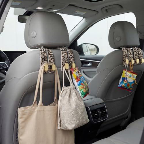 Silkfly 4 Pcs Leopard Print Car Seat Back Hooks, Brown Cheetah Car Headrest Hooks Metal & Leather Multi-Function Storage Double Hanger for Purse Handbags Phone Organizer Accessories Gift