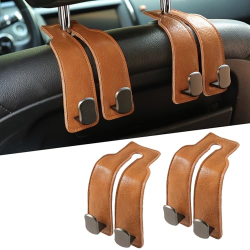 KINIVA Car Seat Headrest Storage Hooks, Set of 2, Suede PU Leather, Double Hooks (06-Brown) - color: 06-Brown