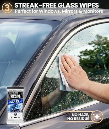 EVEO Car Wipes Interior Cleaning Kit -3-in-1 Car Cleaning Wipes Car Interior Wipes | Interior Car Wipes, Car Cleaning Kit Interior & Exterior - Protectant, Glass and Cleaning All Surfaces (90 Wipes)