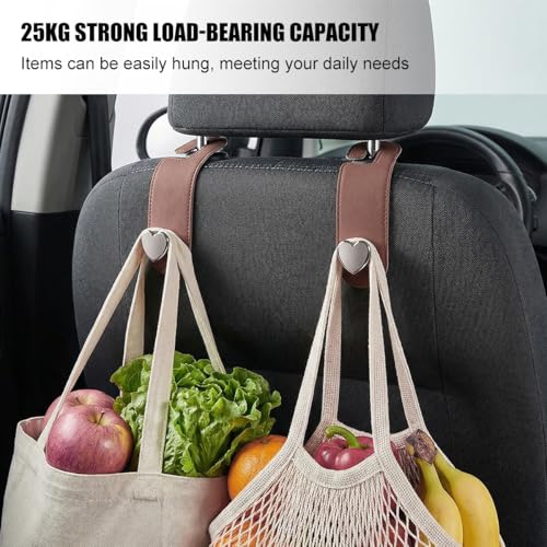 2PCS Car Seat Headrest Hook, Cute Heart Vehicle Backseat Purse Bag Hanger Organizer, Auto Seat Back Storage Holder for Groceries Coats Umbrellas, Universal for Vehicles (Brown)