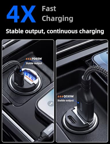 AKESR 65W USB C Car Charger Fast Charging，12V USB Outlet Accesorios para Carro，Cigarette Lighter USB Charger，Car Phone Charger for iPhone/17/16/15/14/13 Samsung S25 S24 S23Google Android