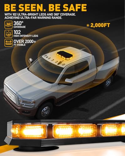 HLauto 406D Rooftop Emergency Strobe Lights Bar, 102 LED Amber Mini Beacon Safety Flashing Warning Traffic Lights Bar w/Magnetic Base for 12-24V Trucks, Construction Vehicles, Snowplow, Cars - color: Amber