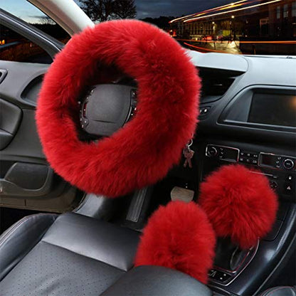 1 Set 3 Pcs Car Steering Wheel Cover & Handbrake Cover & Gear Shift Cover Set Faux Wool Warm Winter (Wine Red-3pcs) - color: Wine Red-3pcs