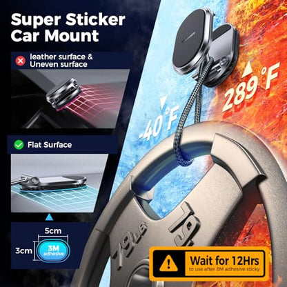 Magnetic Phone Holder for Car Metal Upgrade 6X Magnets Phone Mount Double 360° Rotation Super Sticker Phone Holder Car Mount Easy Install Suitable for Dashboard Screens Compatible with All Phone black