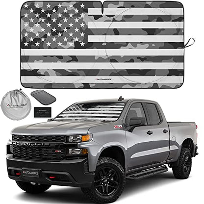 Autoamerics 1-Piece Windshield Sun Shade Gray Camo American Flag USA Design - Foldable Car Front Window Sunshade for Most Sedans SUV Truck - Blocks Max UV Rays and Keeps Your Vehicle Cool - Large - color: USA GRAY CAMO FLAG, size: LARGE = 64 x 33.5 inches