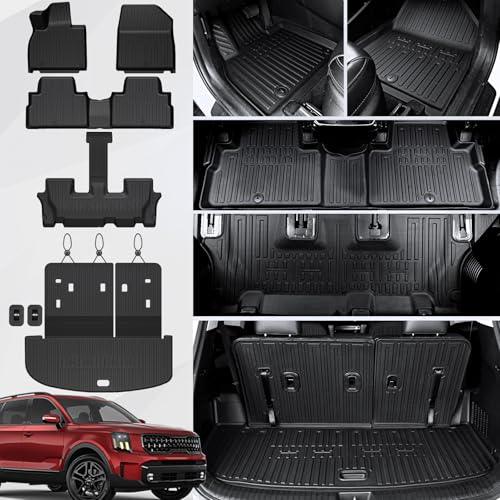 Floor Mats Cargo Mat with Backrest Mats for 2020-2025 Kia Telluride 7/8 Passenger Car Mats Accessories, All Weather TPE Protectors Cargo Liner Seat Back Covers(Floor Mats+2-in-1 Cargo Mat) - size: Floor Mats + 2-in-1 Cargo Mat