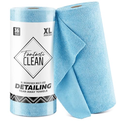 Fantasticlean XL Tear-Away Microfiber Cleaning Cloth Roll, 16'' by 16''- 36 Sheets, Thick & Large Detailing Towels, Ultra Absorbent, Lint-Free Reusable Wipes for All-Around Cleaning (Glossy Blue) - color: Blue, size: 16'' x 16''