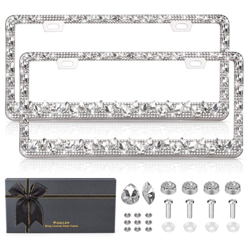 OKLPF Rhinestone Bling License Plate Frames for Women - Sparkle with Glitter Crystals & Diamond Bedazzled License Plate Cover, Fits Standard US Plates, Comes with Anti-Theft Screws & Gift Box(White) - color: White, size: 2pc