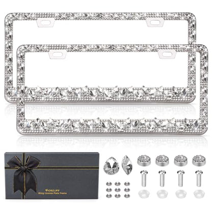 OKLPF Rhinestone Bling License Plate Frames for Women - Sparkle with Glitter Crystals & Diamond Bedazzled License Plate Cover, Fits Standard US Plates, Comes with Anti-Theft Screws & Gift Box(White) - color: White, size: 2pc