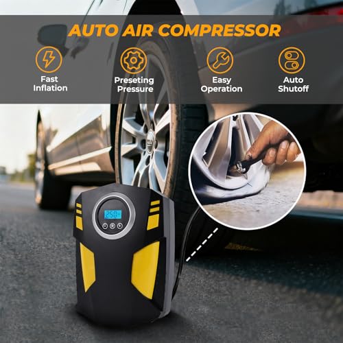 All-in-One Car Emergency Kit with Digital Tire Inflator, Jumper Cable, Tow Strap, Reflective Triangle, First Aid Kit, Hand Crank Flashlight, and Repair Tools for Roadside Safety (Blue) - color: Blue